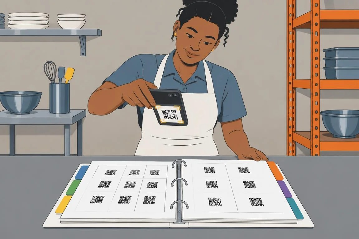 A cook in an apron holds a phone over an open white three-ring binder filled with QR labels and colored category tabs.